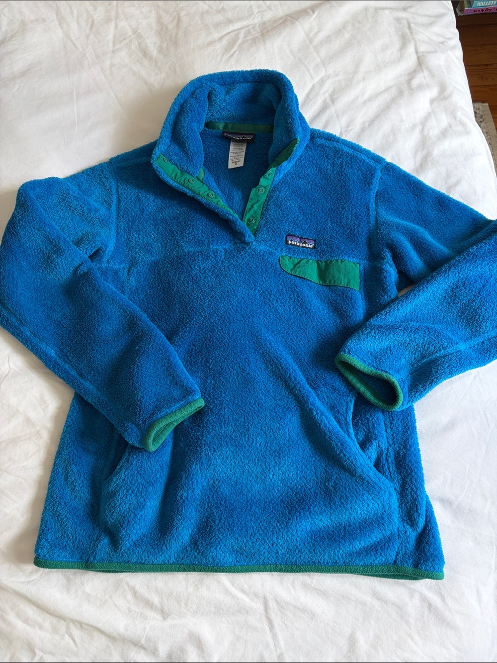 Patagonia Bright Blue Retool Fleece Pullover with Green Trim